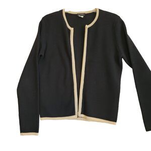 Vintage J Crew Womens Sweater Large Black Tan Trim Zip Cardigan Merino Wool